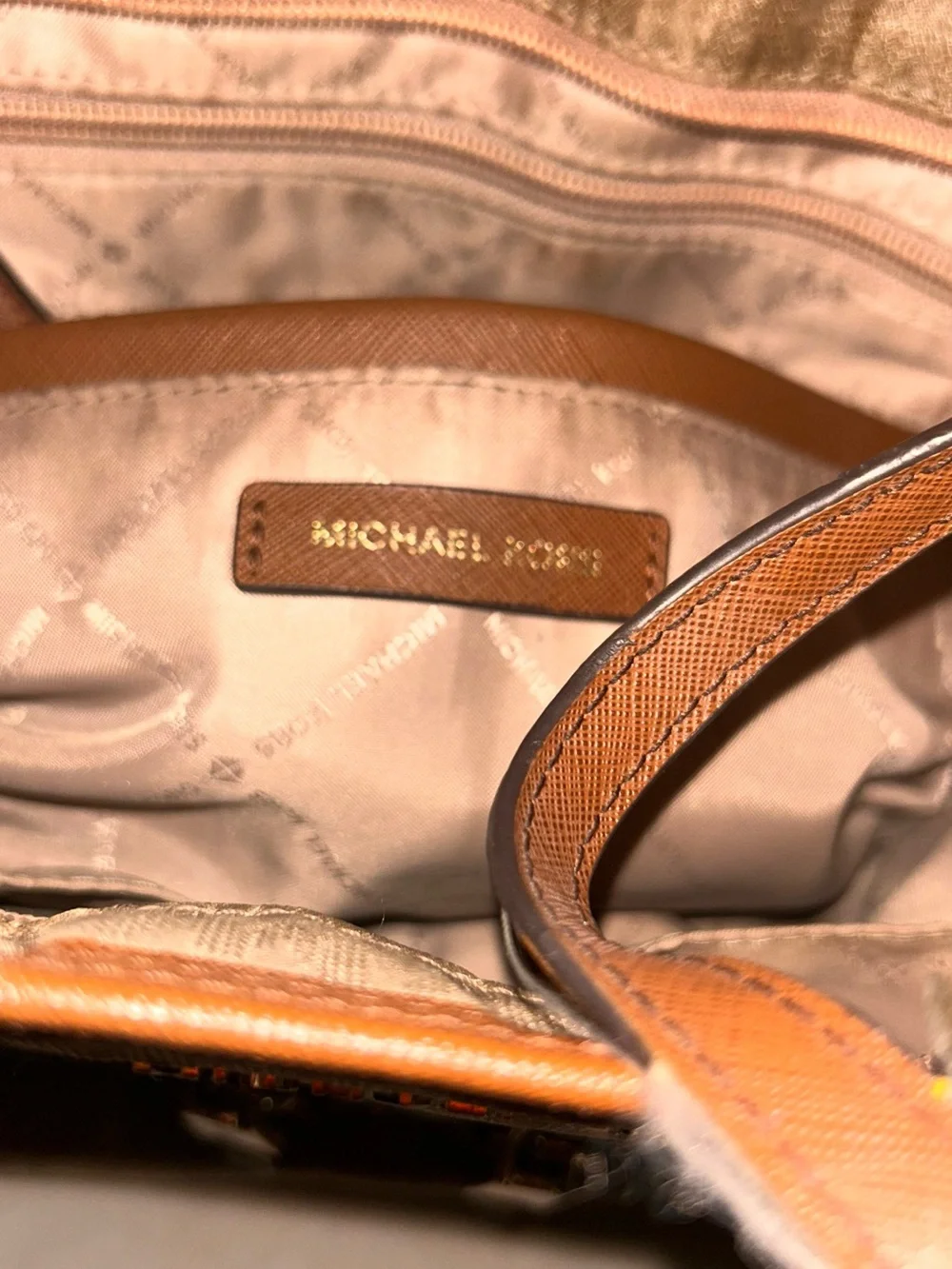 Michael Kors Gold Champagne Tote with Brown Trim and Logo Jacquard